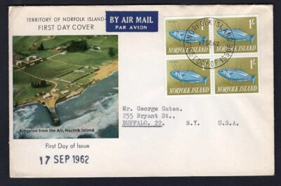 NORFOLK ISLAND 1962 FDC Cover. 1/ Fish Block of 4. Airmail to USA - Image 1 of 2