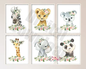 Set of 6 Safari Animal Nursery Prints / Printable Blush Safari Zoo Animals Water - Picture 1 of 7