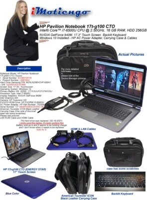 HP Pavilion Notebook 17" Intel i7-6500U @ 2.5GHz 16GB RAM 256GB HDD Win 10+Case - Image 1 of 4