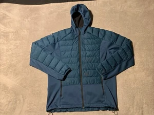 Adidas Puffer Hooded Jacket Mens Large Duck Down Padded Insulated Stretch Blue - Picture 1 of 16