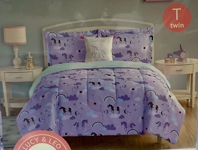 3Pc Unicorn Rainbow Pattern Comforter Set | Decorative Pillow, Sham (Lavender) - Image 1 of 4