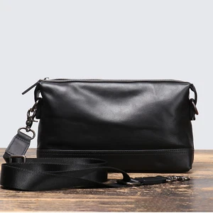 Men's Black Leather Crossbody Bag Shoulder Messenger Bag with Adjustable Strap - Picture 1 of 14