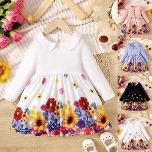 Kid Girls Cute Princess Floral Printed Ruffled Dress Pullover Winter Party Gowns - Picture 1 of 20