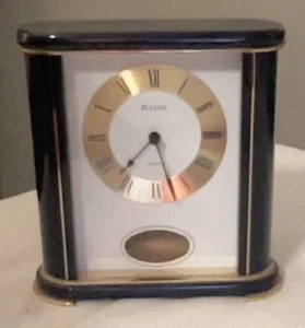 Vintage Bulova Clock. Navy, Gold & White Metal & Brass Accents. Quartz. 7" Tall. - Picture 1 of 6