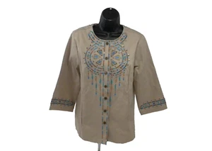 Bob Mackie Jacket S Beige Embroidered Dreamcatcher Wearable Art Button Blazer - Picture 1 of 14