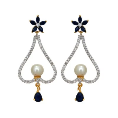Pearl, Simulated Diamond & Sapphire Studded Earrings For Girls & Women FE-1044 - Image 1 of 2