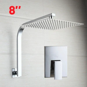 8'' Thin Rain Chrome Shower Faucet Set Head Mixer Control Valve Tap+Goosneck Arm - Picture 1 of 4