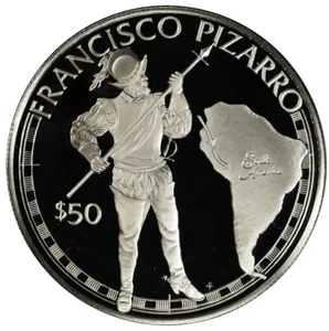 COOK ISLANDS $50 1988 Silver Proof 'Grandi Esploratori - Francisco Pizarro e Mappa' - Foto 1 di 2