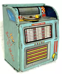 ORIGINAL HAJI JAPAN WIND UP TIN TOY JUKE BOX BANK,1950s?100 SELECT-O-MATIC,STEEL - Picture 1 of 8