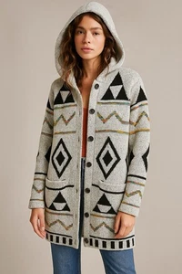 Northern Angel Hooded Sherpa Lined Jacket Aztec Tribal Knit Longline Coat L/XL - Bild 1 von 13