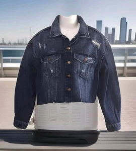Women's M Denim Jean Jacket Relaxed Distressed Cropped Short Dark Blue Medium - Picture 1 of 4