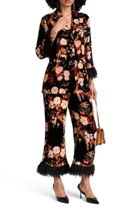 Cara Cara schwarz Samt Blumen gefiedert Smoking Anzug Hose XL Jacke L Neu mit Etikett - Bild 1 von 21