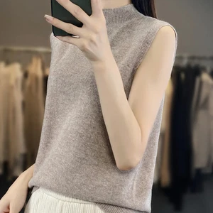 Mujeres Verano Medio Cuello Tortuga Chaleco Tejido Recortado Camiseta sin Mangas Suave Pullover Suéter - Imagen 1 de 11