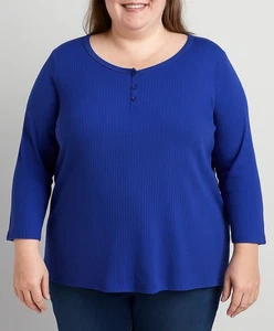 White Stag Henley Thermal Shirt Women’s XXL Blue Long Sleeve Waffle Knit Top - Picture 1 of 4