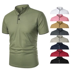 Hombres Solapa Camiseta Blusa Camisa Top Manga Corta Calce Ajustado Botones Moda Sólida - Imagen 1 de 21