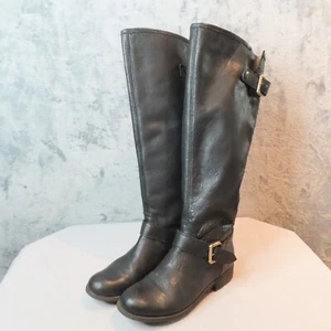 STEVE MADDEN Boots Womens 8.5 Black Leather Lynet Biker Harness Knee High 1" - Picture 1 of 18
