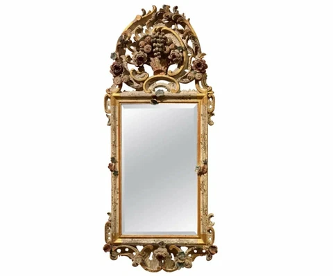 18th/19th C Continental Carved Polychrome Wall Mirror with Foliate Decoration Cover