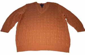 Cable Knit Sweater Women 2X V Neck 100% Cotton Orange Preppy Comfy 3/4 Sleeve - Picture 1 of 13