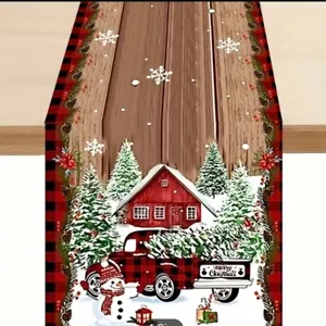 NEW Red Truck Christmas Holiday Burlap Table Runner 72 x 13 Buffalo Check Wood - Picture 1 of 3