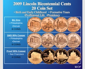 Complete 2009 P D S Lincoln Cent 20 Coin Set BU ZINC + SMS 95% Copper + Proof - Picture 1 of 8
