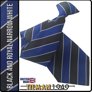 Royal Blue and Black Mens Security Clip On Tie Clipper with Narrow White Stripes - Picture 1 of 6