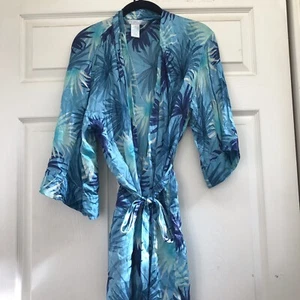 August Silk Intimates 100% Silk Kimono Robe Sz M Medium Blue Palm Tropical - Picture 1 of 20