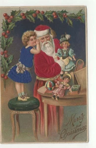 Vintage 1910 Postal Feliz Navidad Papá Noel Niña Juguetes Muñecas - Imagen 1 de 2