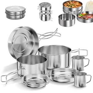 2-3 Person Camping Kochgeschirr Set Edelstahl Kochset Outdoor Töpfe Bratpfanne . - Bild 1 von 24