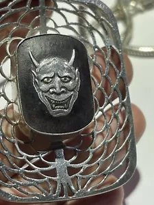 Vintage large M. Kaye Japanese Kabuki Mask Evil Sterling Silver Necklace 83.6 G - Picture 1 of 15