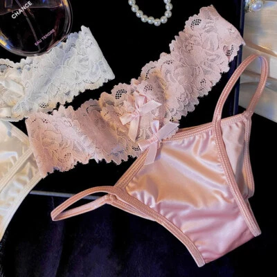 3 Pack Lot Sexy Womens Satin Panties Brief Lace Thongs Underwear String Bikinis - Image 1 of 4