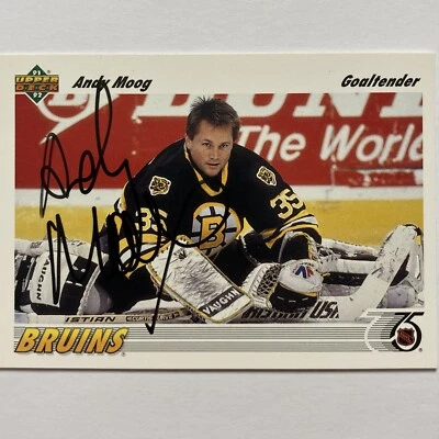 1991-92 UPPER DECK #147 ANDY MOOG AUTOGRAPH SIGNED CARD BOSTON BRUINS GOALIE - Image 1 of 2