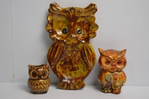 3 Vintage Dripware Owl Spoon Rest Toothpick Holder Rhinestone Eye Statue Kitschy - Picture 1 of 20