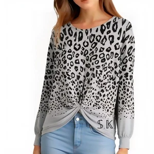 KAREN KANE Gray Black Leopard Print Twist Front Knit Top Long Sleeve size MEDIUM - Picture 1 of 12
