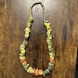 VTG Chunky Statement Necklace Jasper Stone 21” Boho Hippie Jewelry Green Brown - Picture 1 of 5