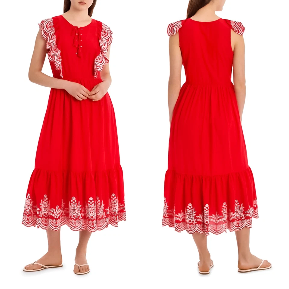 PIPER Rio Carnival Long Dress Red Cotton Embroidered Size 12 -