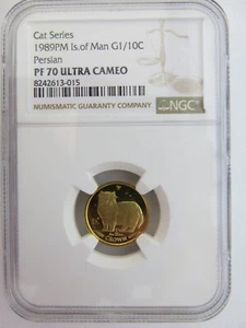 1989 1/10 oz Gold Crown Isle of Man Persian Cat NGC PF70 Ultra Cameo Elizabeth 2 - Picture 1 of 2