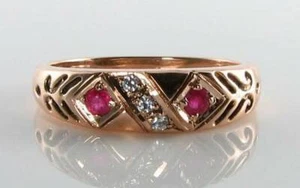 LUSH 9CT 9K ROSE GOLD INDIAN RUBY & DIAMOND GYPSY BAND ART DECO INS RING - Picture 1 of 5