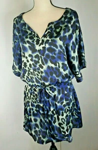 Allison Taylor Animal Print Short Dress Drawstring Waist Black Blue Sz M - Picture 1 of 4