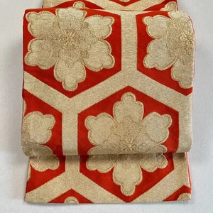 K3012065 Antique Fukuro OBI Silk Japan Flower Hexagonal pattern Gold thread - Picture 1 of 11