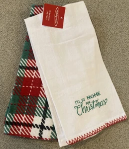 Holiday Home 2 Pack Kitchen Towels Christmas Embroidered Plaid 100% Cotton NEW - Picture 1 of 4
