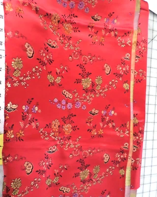 Vintage Damask Brocade Synthetic Silk Fabric Red/Pink/Orange Floral  2 Yds x 46" - Image 1 of 3