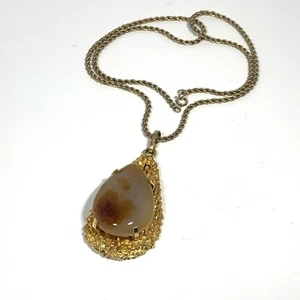 VTG Modernist Teardrop Gold Tone Pendant Necklace 12K GF Chain 18" Agate Stone - Picture 1 of 10