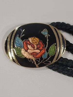Cinturón Cloisonne Esmalte Hebilla Rosa De Colección Negro Seda Cuerda Floral Tono Dorado 35" Foto 1 de 4