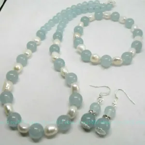 Natural White Freshwater Baroque Pearl &Aquamarine Necklace Bracelet Earring Set - Picture 1 of 12