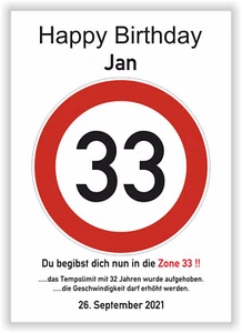 Verkehrsschild Geburtstag 33 Jahre Deko Geschenk Verkehrszeichen Poster Karte A4 - Bild 1 von 7