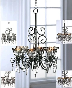 MIDNIGHT BLOOMS CRYSTALS 6 CANDLE or LED HOLDER CHANDELIER & CHAIN ** NIB - Picture 1 of 12