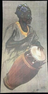 NOS Vintage 24x12 MAN PLAYING African DRUM Canvas Lithograph WM OTTO Print MCM Bongo - Bild 1 von 5