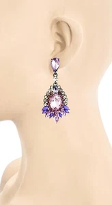2.75" Long Vintage Inspired Lavender & Rose Pink Crystal Evening Earring Pageant - Picture 1 of 3