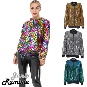 Sequin Bomber Jacket Womens Glitter Clubbing Party Zip Up Festival Biker Coat - Picture 1 of 14