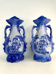Vintage Pair Blue Staffordshire Venetian Flow Blue Bud Vases With Handles - Picture 1 of 24